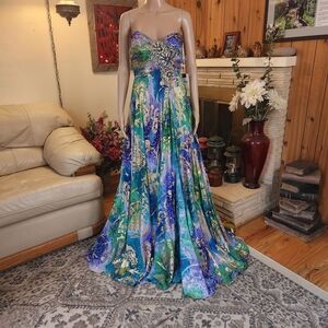 Strapless Beaded A-Line Evening Gown in Blue-Green